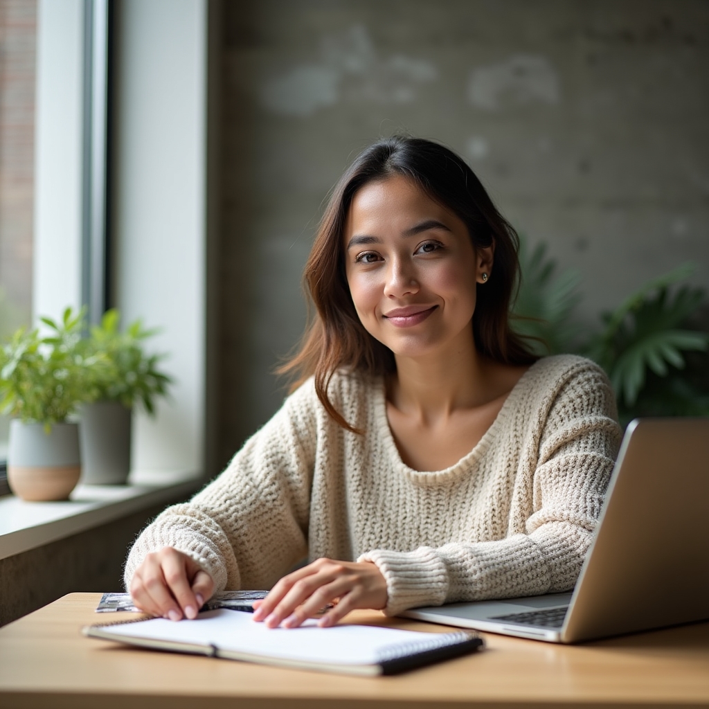 Freelancerka pracující na notebooku u okna v moderním coworkingu