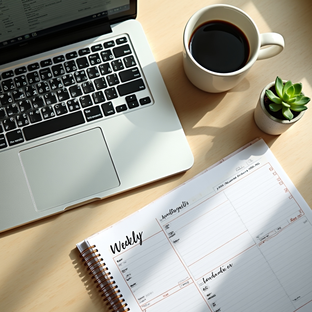 Uspořádaný pracovní stůl freelancera s notebookem a poznámkami