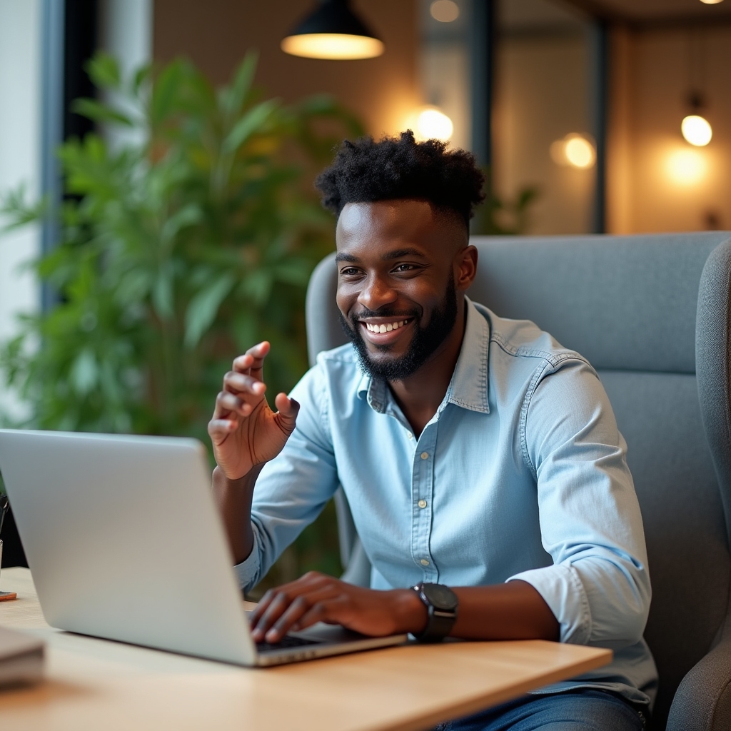 Freelancer na videohovoru s klientem v coworkingovém prostoru