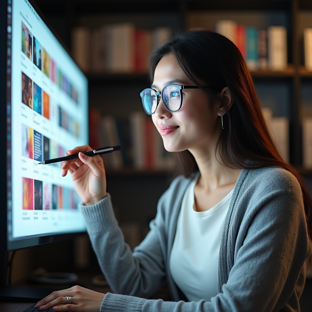 Designér si prohlíží ukázky práce na monitoru v otevřeném coworkingu