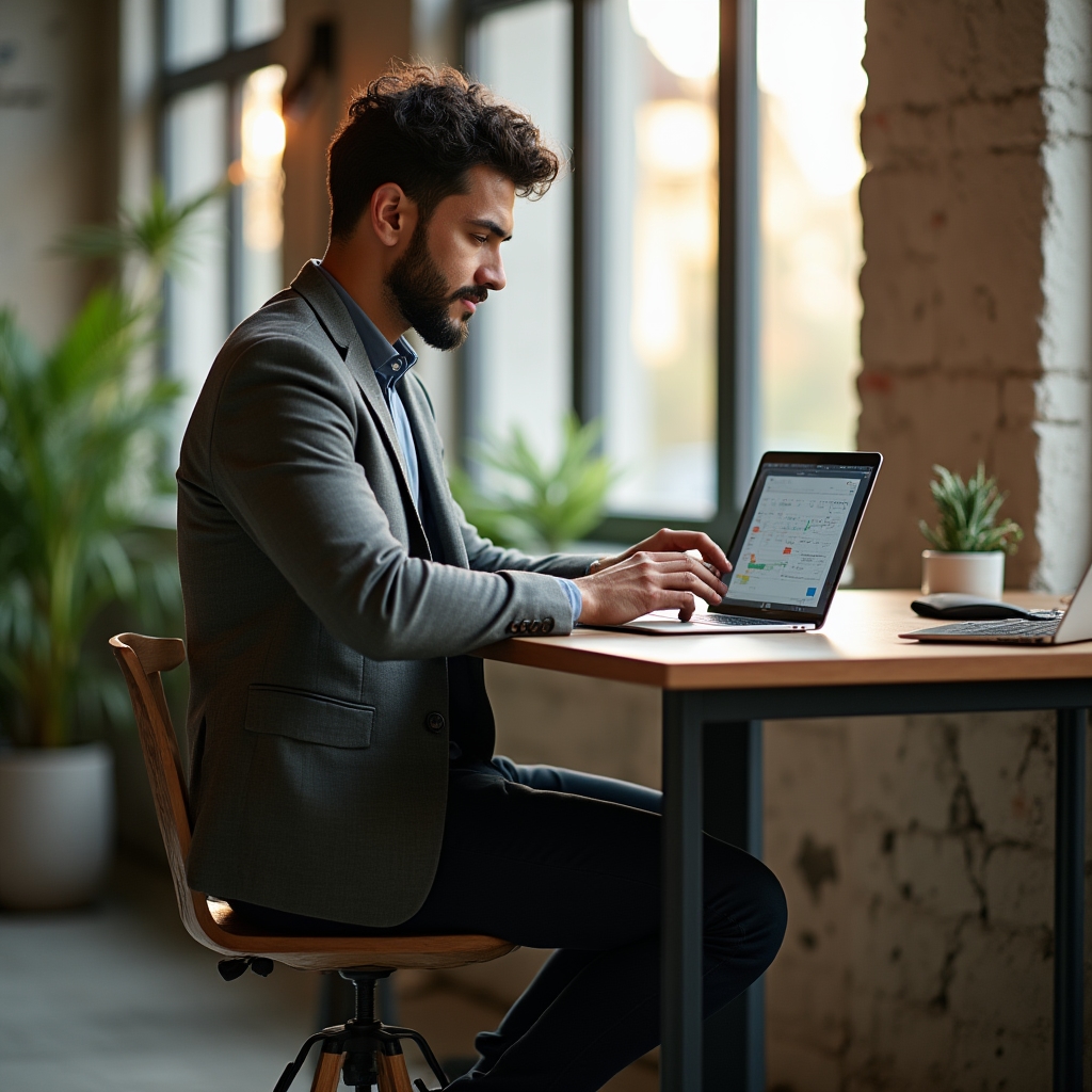 Freelancer kontroluje harmonogram zakázek na tabletu u pracovního stolu